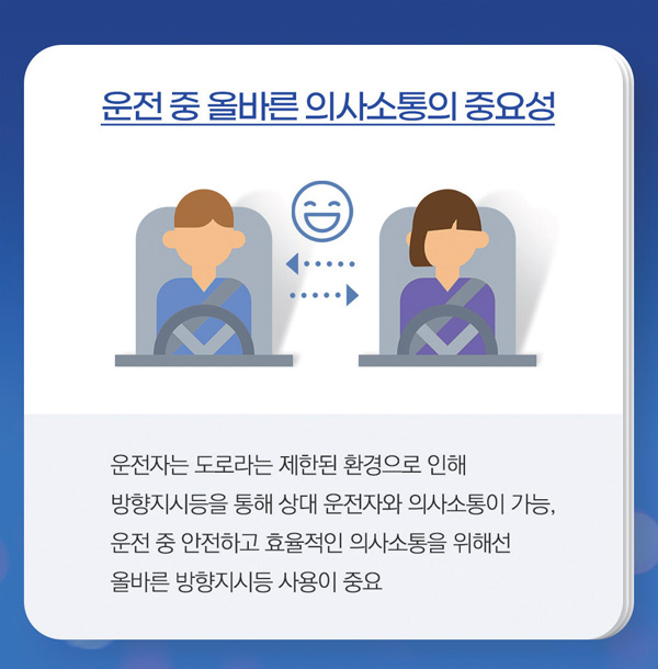 운전 중 올바른 의사소통의 중요성 운전자는 도로라는 제한된 환경으로 인해 방향지시등을 통해 상대 운전자와 의사소통이 가능, 운전 중 안전하고 효율적인 의사소통을 위해선 올바른 방향지시등 사용이 중요